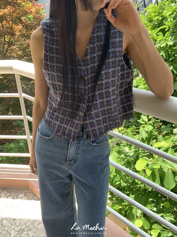 不收邊排釦小香格紋背心
